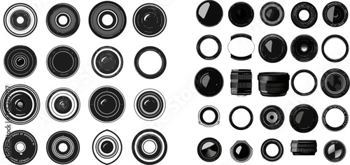 Photo lenses aperture, cameras shutter silhouette icon and shutter apertures pictogram