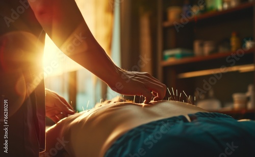 Acupuncturist applying needles to a patient's back, introducing alternative medicine and holistic health practices. photo