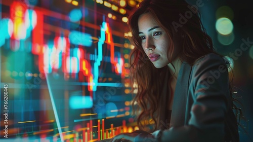 Businesswoman Analyzing Financial Charts, focused businesswoman examines glowing financial graphs on a computer screen, reflecting the complexities of market analysis