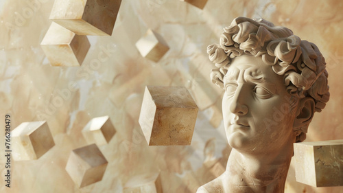 Surreal composition of a classical bust and floating cubes in a dream-like ambiance.