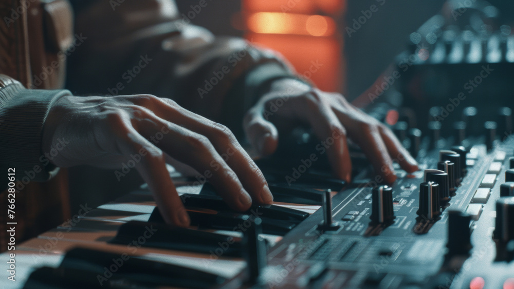 Close-up of hands playing on an electronic keyboard with a moody blue tone. Close-up of hands playing on an electronic keyboard with a moody blue tone.