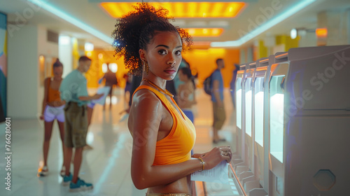 Voter's Resolve at Polling Station, young woman stands resolutely at a voting machine, her sharp gaze and confident stance symbolizing the importance of civic participation and the power 