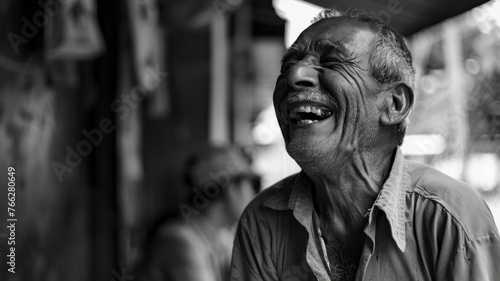 Elderly man laughing heartily in a black-and-white shot against a backdrop of daily life.