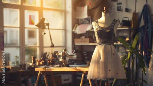 Vintage-inspired dress on mannequin in a creative atelier with sunlit ambiance.