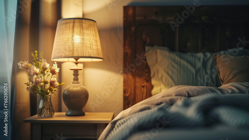 Nighttime ambiance in a cozy bedroom with a lamp and vase of flowers.