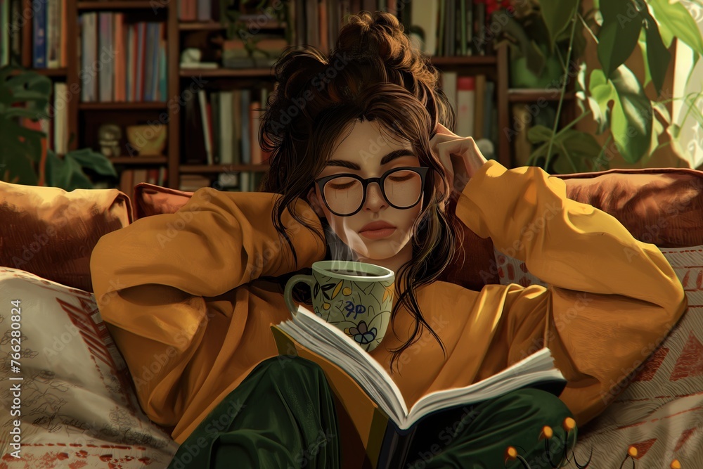 Fototapeta premium Stylish Woman with Glasses Reading and Drinking Coffee