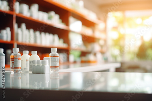 Wallpaper Mural Empty board against the background of blurred shelves with medicines in a pharmacy. There are bottles of medicine on the side of the board. Product presentation and demonstration concept. Installation Torontodigital.ca