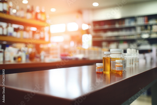 Wallpaper Mural Empty board against the background of blurred shelves with medicines in a pharmacy. There are bottles of medicine on the side of the board. Product presentation and demonstration concept. Installation Torontodigital.ca