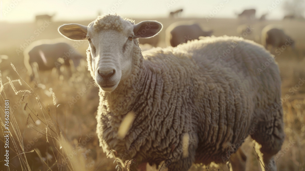 A curious sheep gazes into the camera amidst a golden field.
