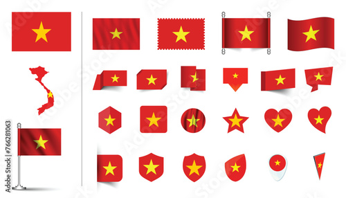 set of Vietnam flag, flat Icon set vector illustration. collection of national symbols on various objects and state signs. flag button, waving, 3d rendering symbols, and flag on map symbols
