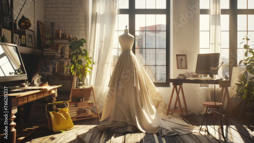 Morning sunlight bathes an artist's studio with a wedding dress.