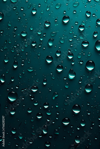 Close-up image of water droplets on a dark teal glass surface creating an abstract pattern with a sense of freshness
