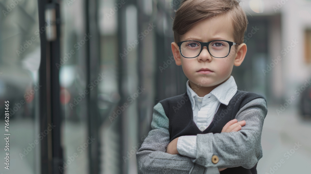 Young child with glasses striking a serious pose. Young child with glasses striking a serious pose.