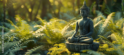 A serene and peaceful background featuring an isolated golden Buddha statue in the center of lush greenery © Kien