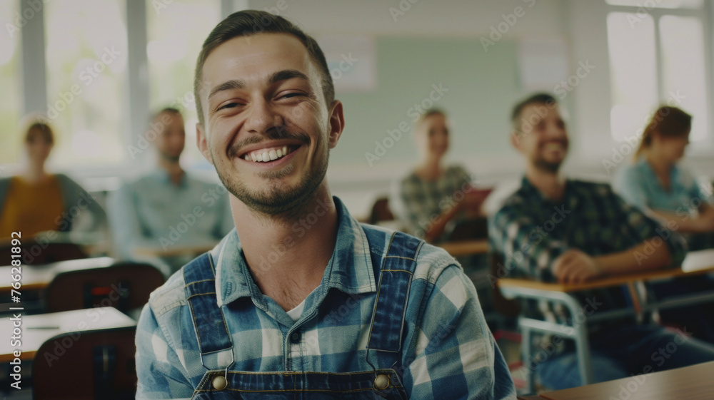 Obraz premium Smiling young man in a classroom surrounded by peers, radiating positivity.