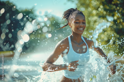 Young African American woman running over the water. Sports and wellbeing concept. High quality photo © Starmarpro