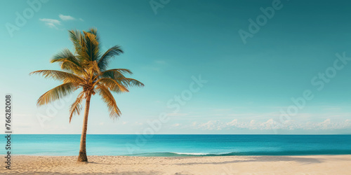 Palm on a sunny tropical sea shore under turquoise sky. Vacation concept. Generative AI