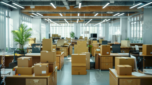 Cardboard boxes scattered in an empty office space, signaling a move or renovation.