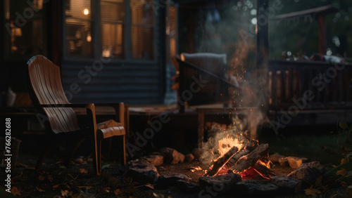 Cozy campfire flickers in the evening beside a peaceful home retreat. photo