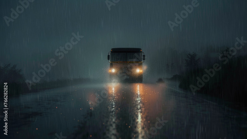 A lone bus illuminates a rainy night road with its glowing headlights.