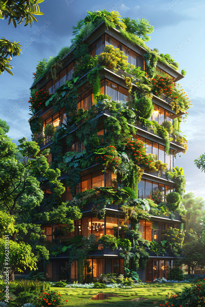 Modern Ecological Skyscraper with Lush Greenery Modern Ecological Skyscraper with Lush Greenery