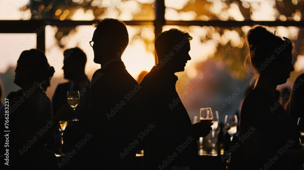 Soft sunset silhouettes toast to elegant gatherings embracing life's finer moments. Soft sunset silhouettes toast to elegant gatherings embracing life's finer moments.
