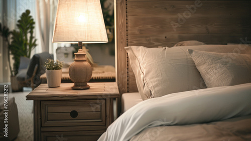 Cozy bedroom ambiance with a warmly lit lamp by a peaceful bed.