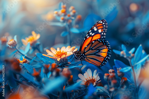 Monarch orange butterfly and bright summer flowers on a background of blue foliage in a fairy garden. Macro artistic image.