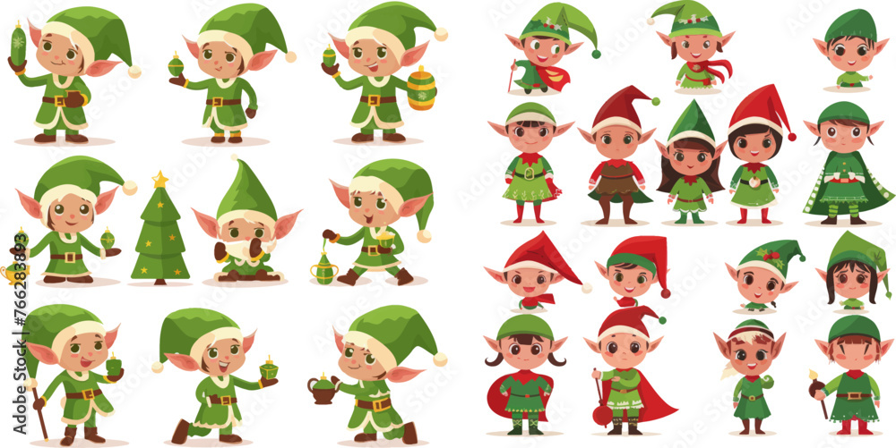 Xmas little green fantasy assistant winter 2019 vector isolated icons set