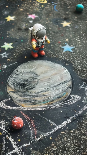 Vertical AI illustration toy astronaut on chalk-drawn planets. Concept people.