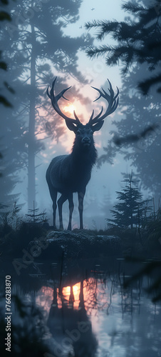 The silhouette of a deer at the edge of a misty woodland, twilight's mystery, fleeting encounter, unique hyper-realistic illustrations