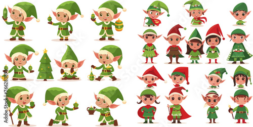 Xmas little green fantasy assistant winter 2019 vector isolated icons set