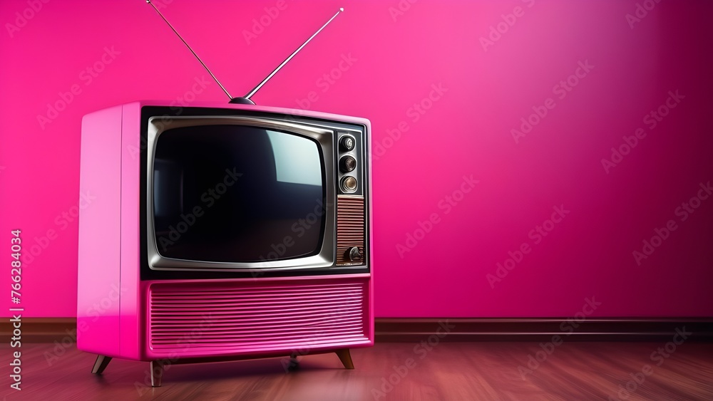 Old retro TV, vintage 50s television in pink color - obrazy, fototapety, plakaty 