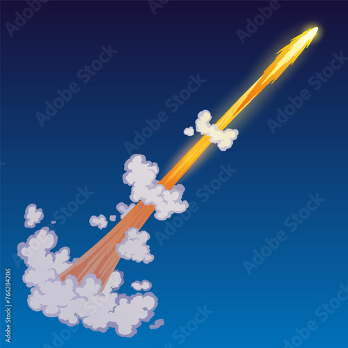 Rocket trail fire smoke, spaceship launch with clouds, spaceflight effects. Space rocket of galaxy shuttle or spacecraft engine. Cartoon vector illustration