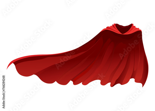 Superhero red cape in front view. Scarlet fabric silk cloak. Mantle costume or cover cartoon vector illustration