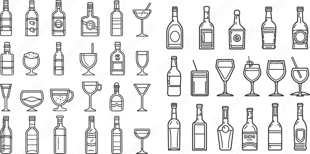Outline bottles and glasses with beer, wine and bar cocktails Outline bottles and glasses with beer, wine and bar cocktails
