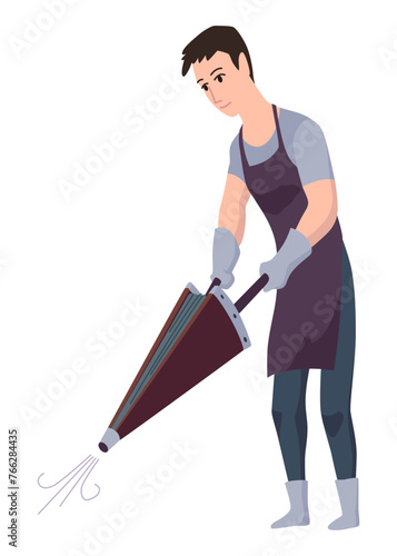 Blacksmith worker. Craftsmanship making steel tools. Character with hammer making goods in foundry workshop. Worker making some items. Vector cartoon person