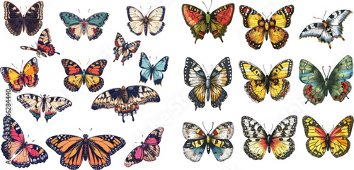 Drawing flying papillon butterfly isolated vector collection