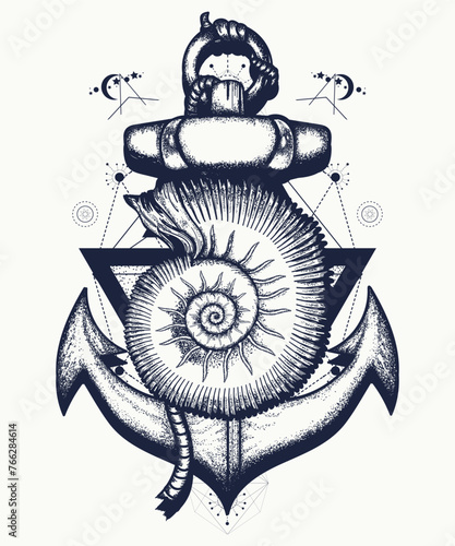 Anchor and nautilus shell tattoo. Sacred geometry style. Creative t-shirt design concept. Symbol of freedom, sea adventure, journey and tourism