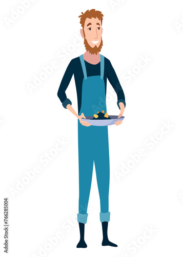 Golden miner holding gold pan. Digger character find minerals and gold working, digging exact. Gold mineral extraction. Vector illustration in cartoon style