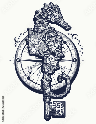 Sea horse, compass and vintage key. Tattoo and t-shirt design. Black and white esoteric symbol of travel, journey, freedom and sea adventure