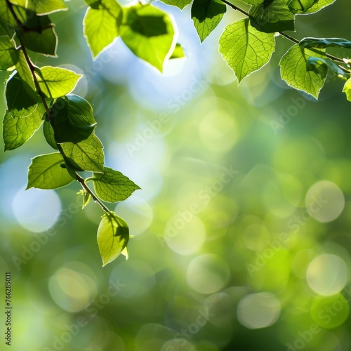 green leaves branches from trees in the morning dew at sunrise against the background of a defocused blur effect