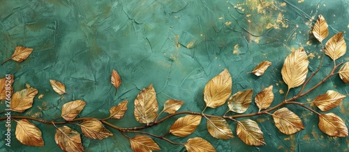 An art piece showcasing a branch with gold leaves against a green underwater background, evoking a natural underwater landscape with aquatic plants