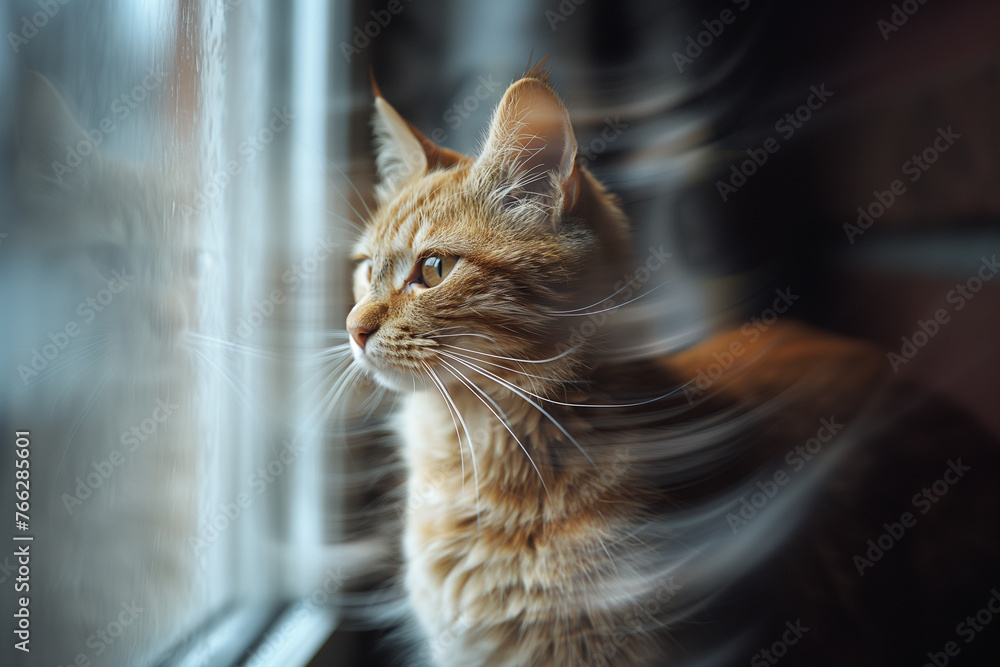 A cat with motion blur looking curiously out of a window