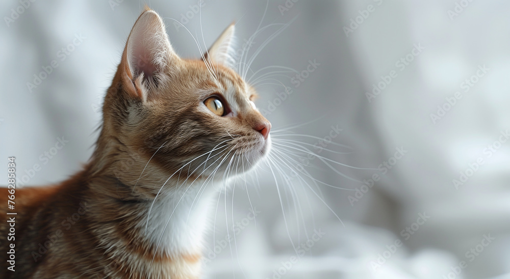 A ginger cat gazes into the distance with a blurred background