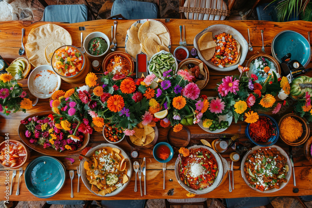 Overhead view of Mexican food decorated with flowers on table 