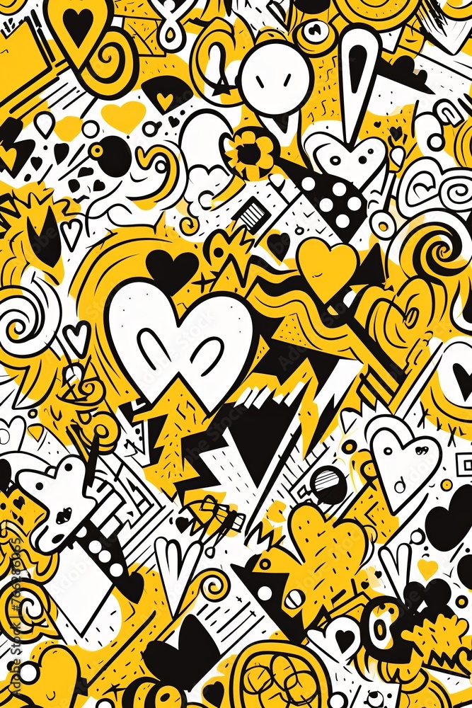 White paper background with mustard letters and glyphs, in the style of mr. doodle, sparklecore