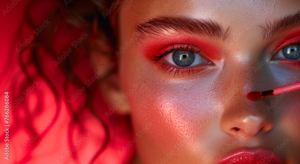 A woman with red makeup and red lips applying cosmetics banner Advertisement A woman with red makeup and red lips applying cosmetics banner Advertisement