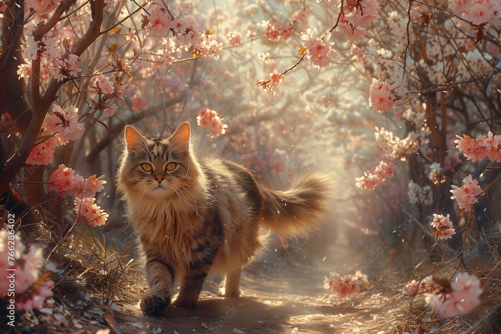 Obraz premium A cat gracefully walks down a path on a sunny day in blooming trees around