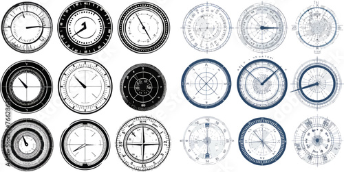 360 degrees scale circle with lines, circular dial and scales meter vector set.